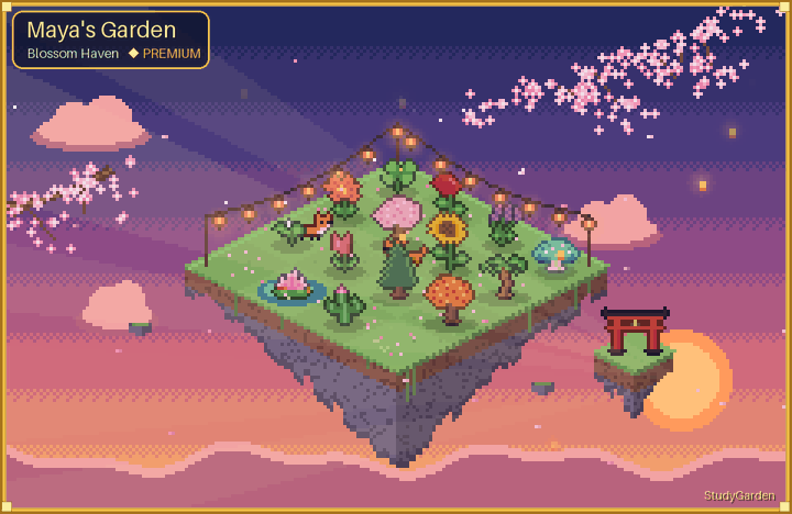 A StudyGarden island at dusk